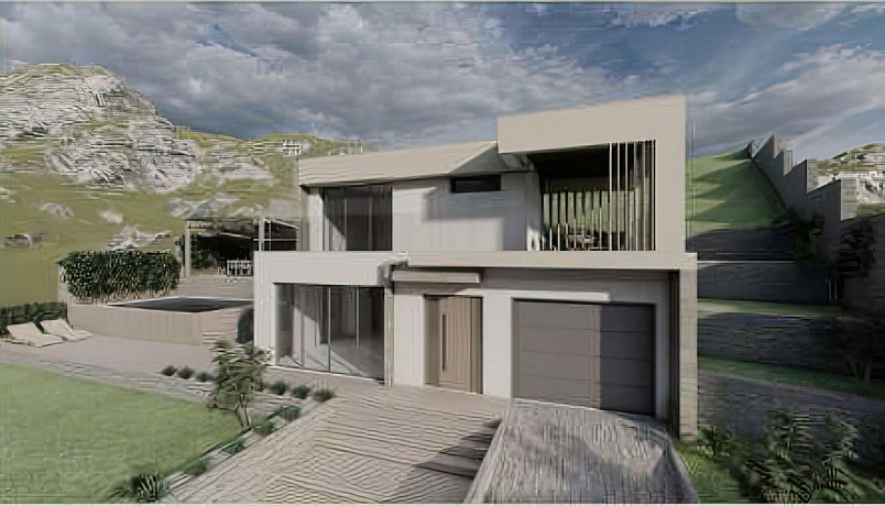 A complex of houses under construction with a swimming pool and a panoramic seaview
