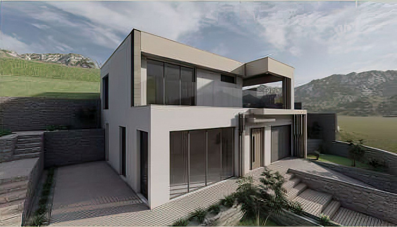 A complex of houses under construction with a swimming pool and a panoramic seaview
